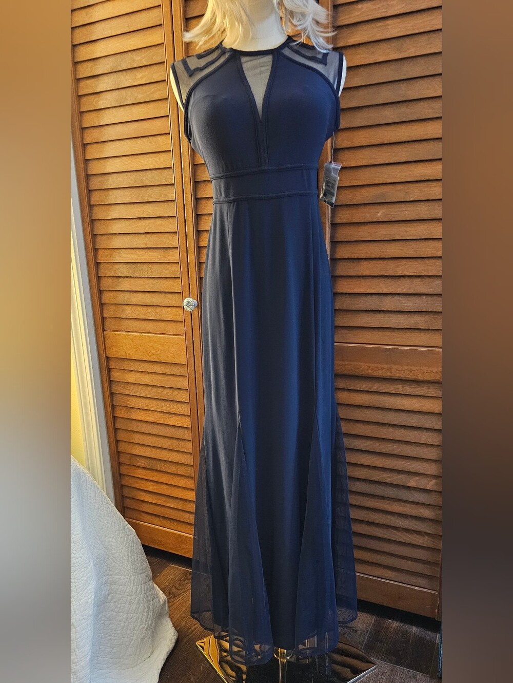 NWT, Night Way Collections Navy Mesh-Detail Maxi Dress, 8P